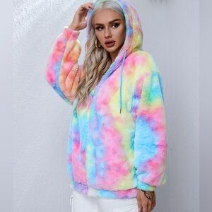 Shein Fuzzy Faux Fur Cotton Candy Tie Dye Hooded Jacket Size L